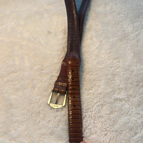 Vintage Brown Belt Sz 34 Fishtail Braided Fullgrain Leather Reptile Brass Buckle - Picture 8 of 16